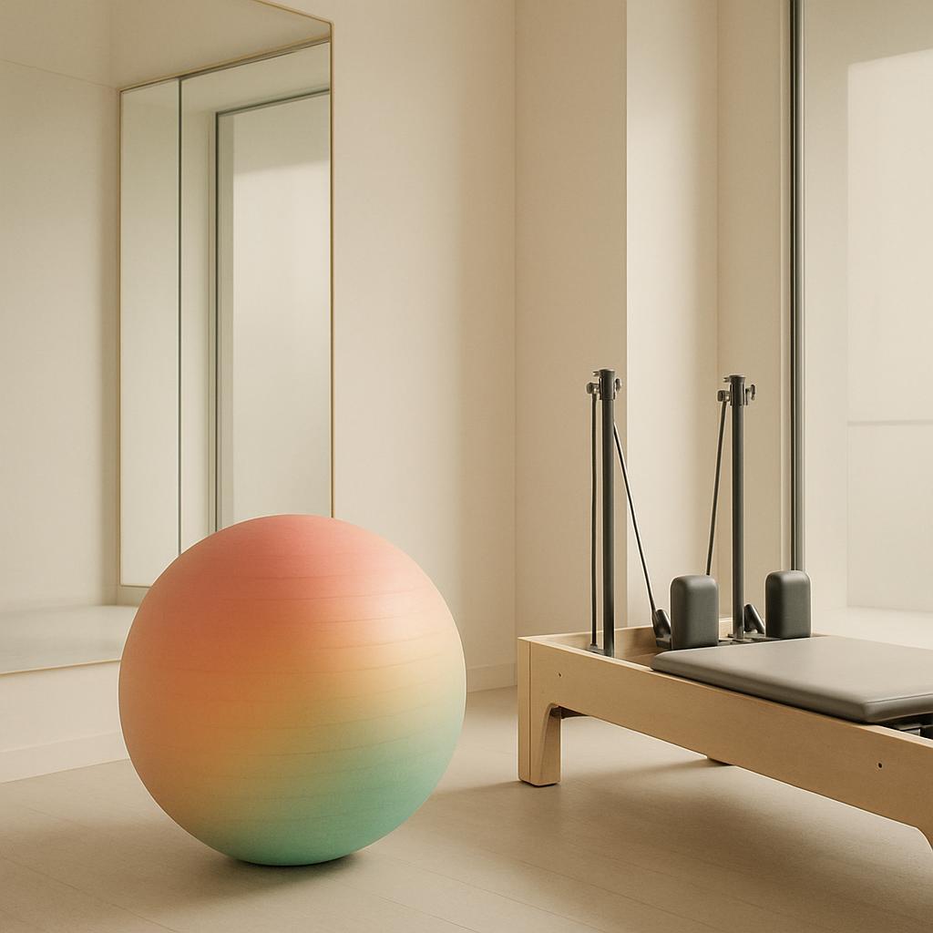 Pilates Reform exercise machine and exercise ball. The background, composed of textural materials, is white, as is the lar...