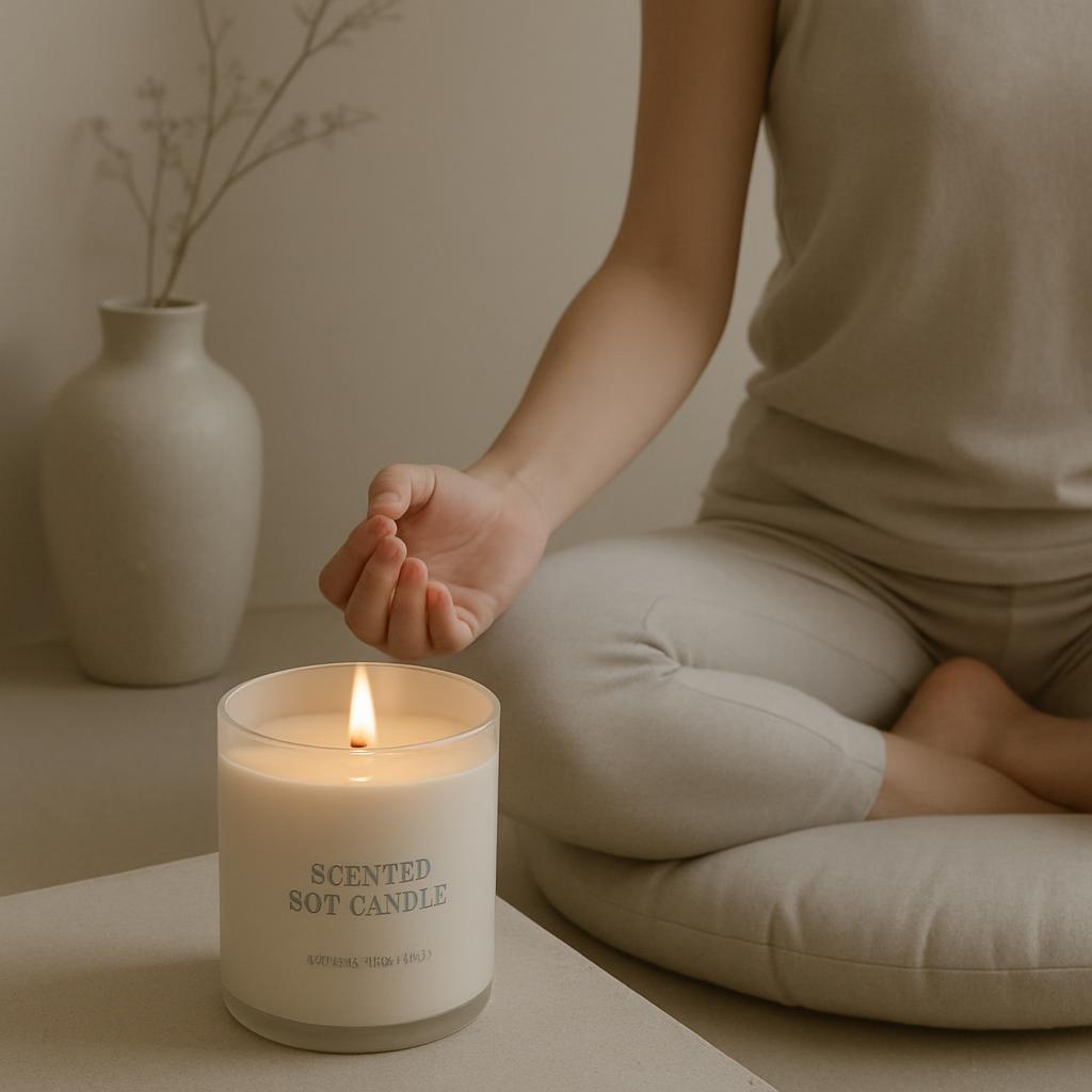 A woman meditates with a lit scented candle.