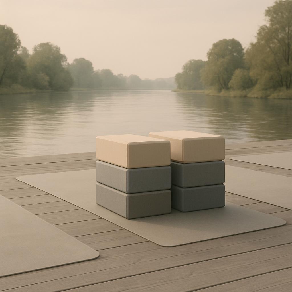 Les cubes de yoga sont posés sur des tapis de yoga sur un ponton en bois Recouvert de bois, près d'un plan d'eau.
