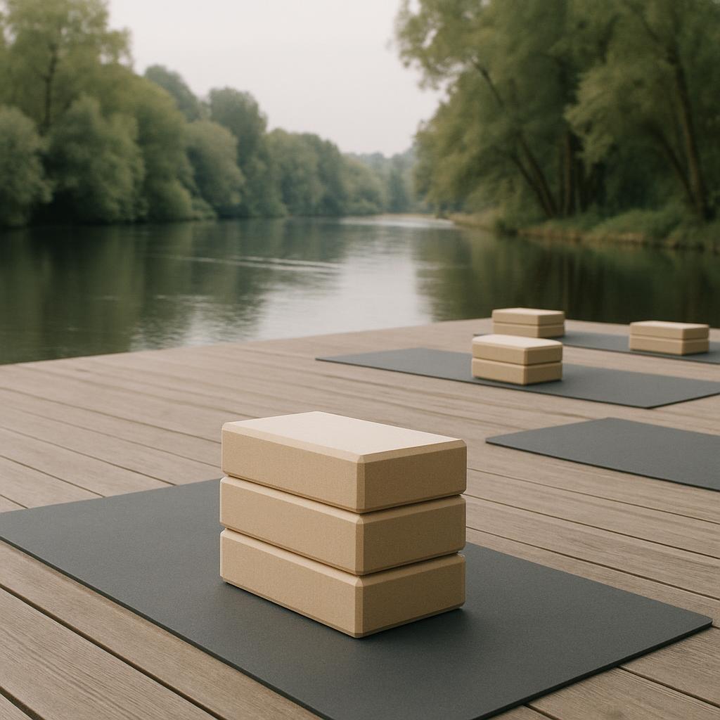 Les matelas de yoga et les briques de yoga sont disposés sur une plage de bateau avec des arbres derrière. Les matelas son...