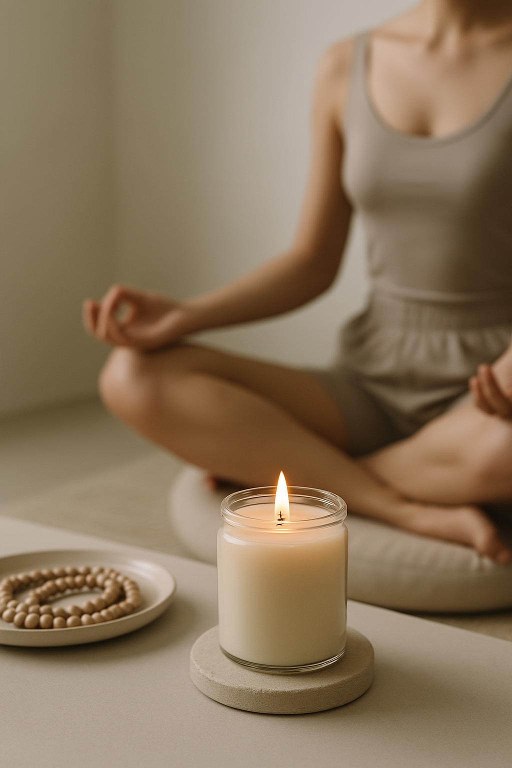 Une jeune femme est assise en postures méditatives au milieu du décor accessoire où est visibles de la pièces de lien flex...