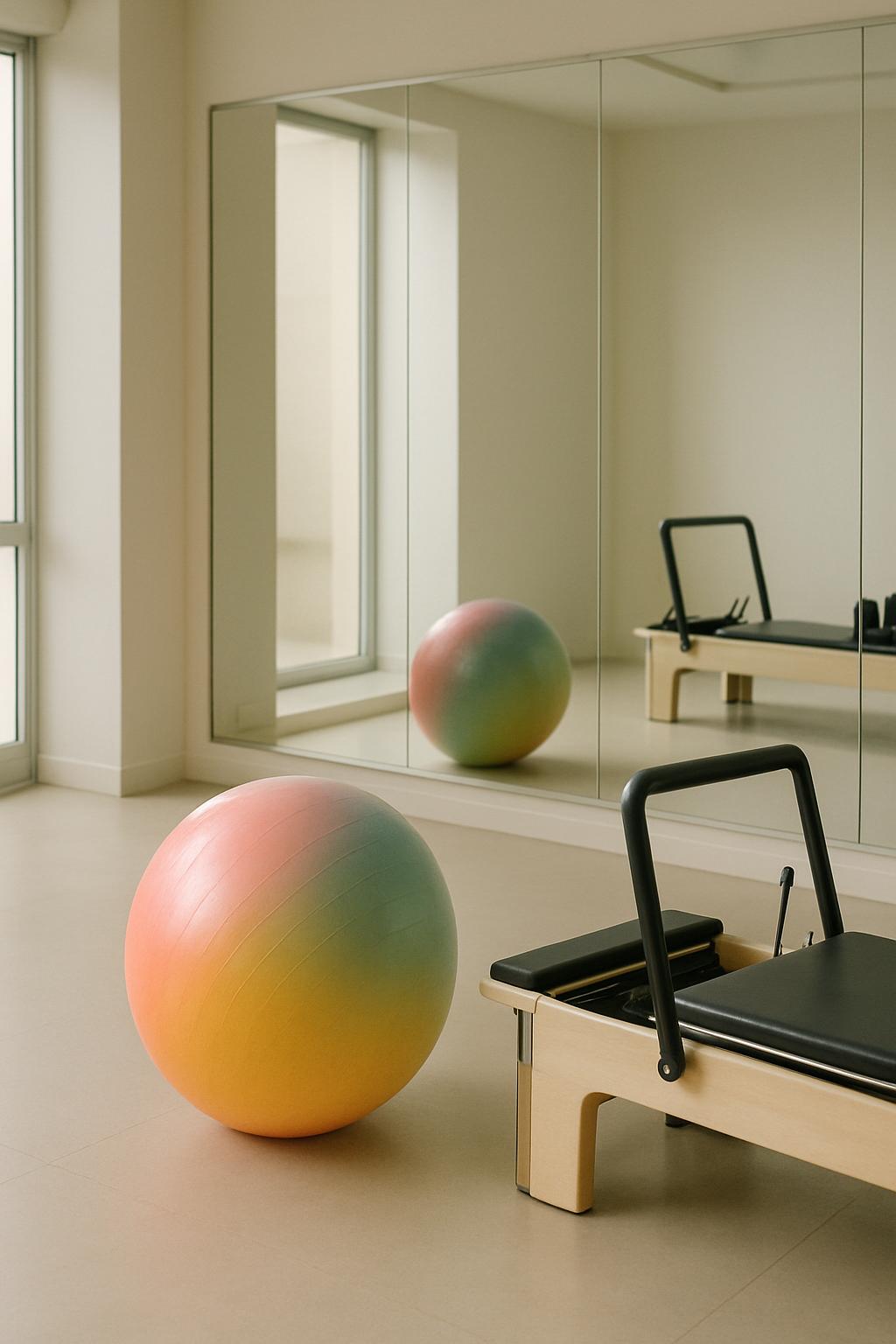 Salon de sport équipé d'un Pilates Reforme Qui contient une large banque de mouvement en plus des immobilités.